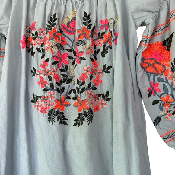 Free People Fleur Du Jour Blue Dress, Floral Embroidery Off Shoulder, Small. - Picture 4 of 9